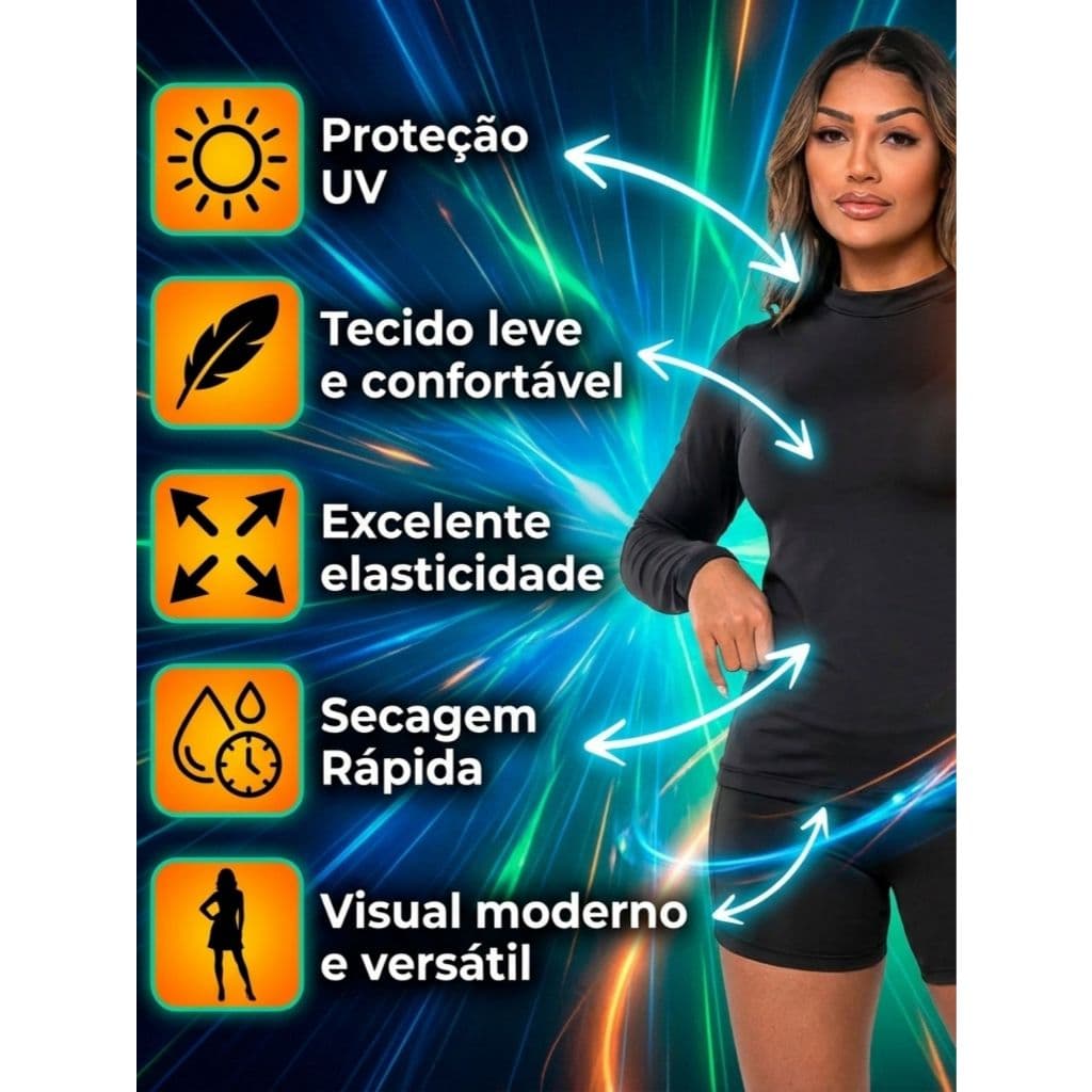 Camisa Segunda Pele Feminina Térmica Proteção UV Manga Longa Fitness Academia Corrida