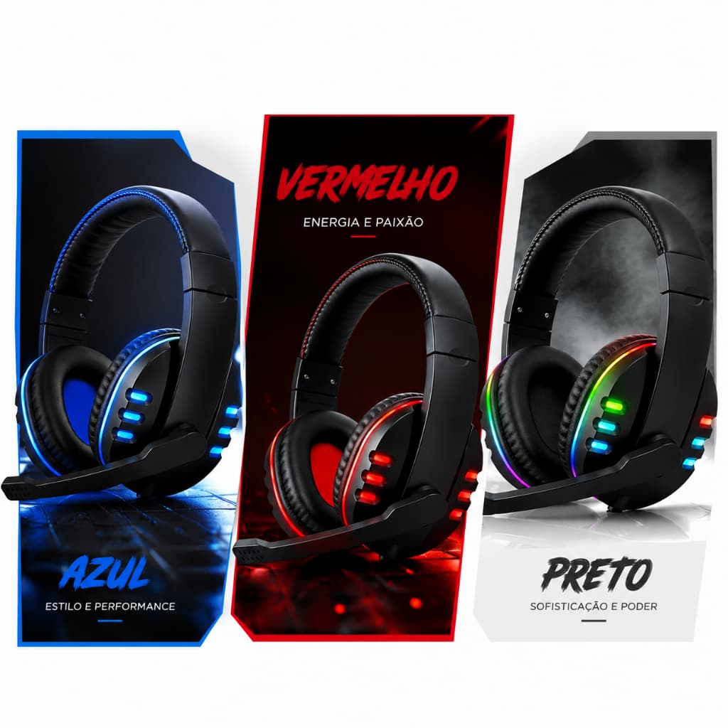 Fone Ouvido Gamer Confortável Almofada Macia Luz RGB Som Estéreo Dupla Entrada USB e P2