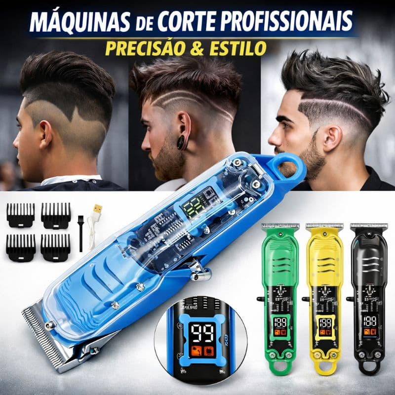 Máquina De Cortar Cabelo Barba Profissional Sem Fio  Transparente Com Display LCD USB Recarregável