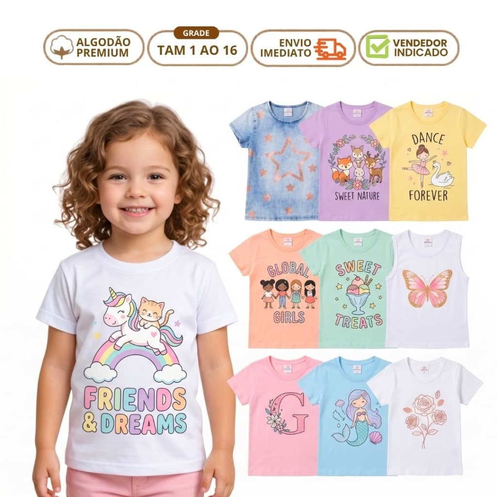 Kit 4 Camiseta Infantil Feminina Verão e Regata Infantil Menina Bebê em Algodão 1 ao 16 Sortidos com Elastano