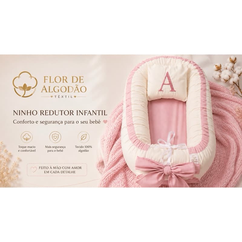 Ninho Redutor De Berço Para Bebe Com Travesseiro Bordado Letra Inicial do bebê Rosa