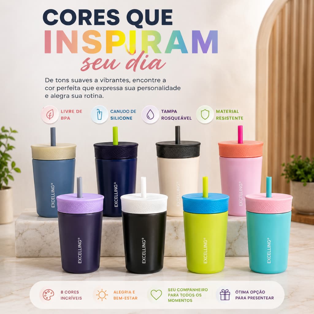 Copo Térmico Infantil Inox SUS 316 Prático e AntiVazamento - Canudo de Silicone 350ML - EXCELLING-EX-501