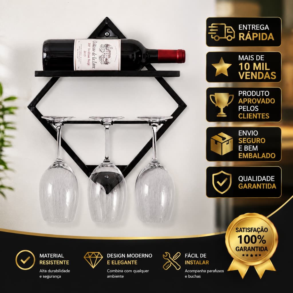 Suporte Prateleira Para Garrafa e Taças Vinho Organizador Suspenso Adega de Parede Decorativo