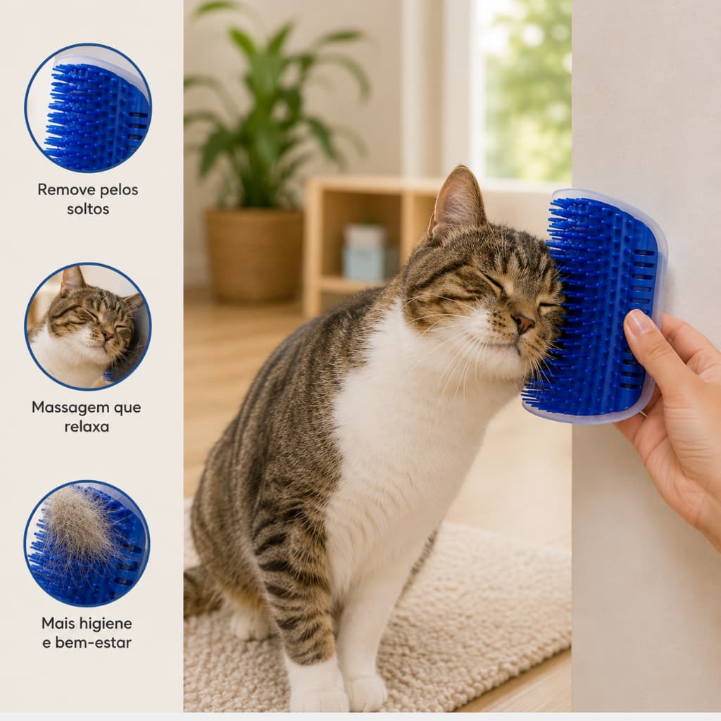 Escova Massageadora Gatos Catnip Estimulante Relaxante Azul Conforto Pet