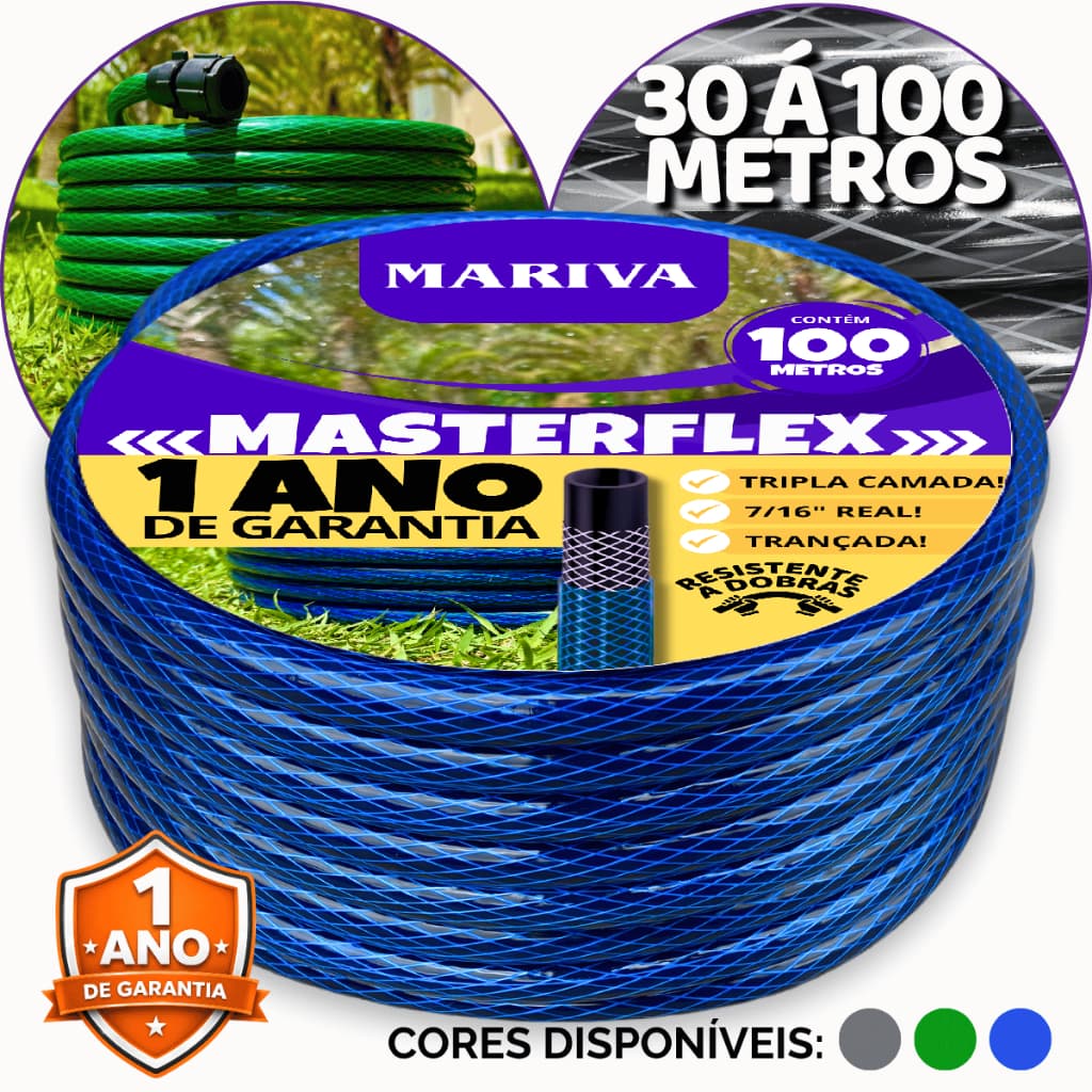 Kit Mangueira de Jardim Trançada com Esguicho Regulável Conector, 100m, 7/16, Trançada Tripla Camada