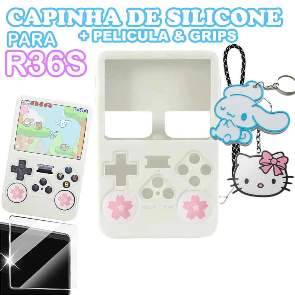 Capinha de Silicone para R36S + Pelicula Grips Personalizado Cinnamoroll Hello Kitty Chaveiros - Case R36S