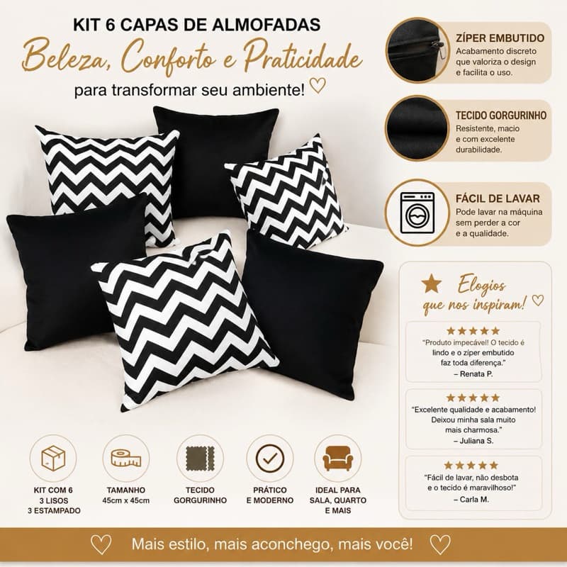 Kit 6 Capas de Almofada 45x45 Gorgurinho Decorativas Zíper Embutido 3 Lisas 3 Estampadas.