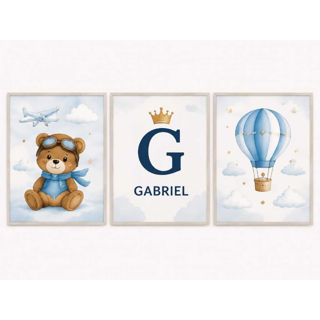 Kit Quadros Ursinho Balão Personalizado Nome Inicial Menino Bebê Decoração Quarto Infantil MDF 3 Peças