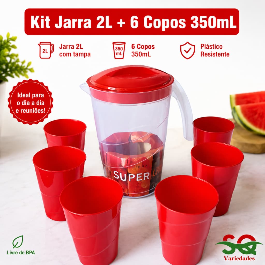 Kit Jarra + 6 Copos Jarra 2 Litros Com 6 Copos 310ML Plástico Para Água Suco Refresco Chá Gelado