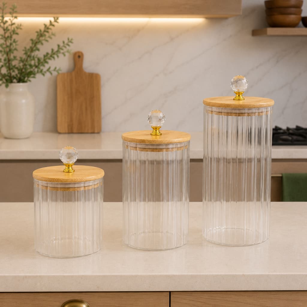 Kit de Potes Herméticos em Vidro canelado transparente com Tampa de bambu cristal luxo p/mantimentos PMG