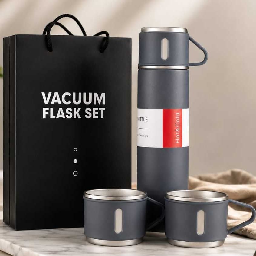 Garrafa Térmica 500ml com 3 Copos Inox Fosco Kit Bebidas Quentes