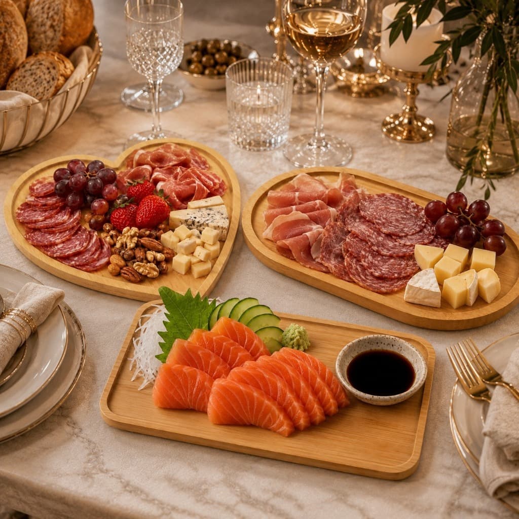 Bandeja Bambu tábua Petisqueira Decorativa  Porta Frios Coração Oval Retangular  Frutas Queijos Café Luxo