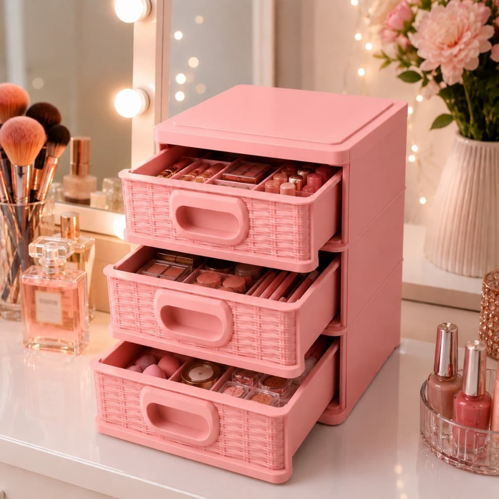 Gaveteiro Organizador Maquiagem Rosa 3 Gavetas Joias E Acessórios