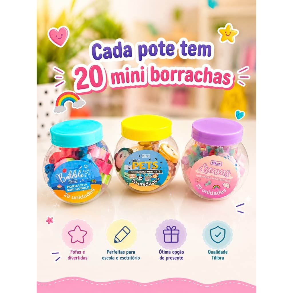 Kit 3 potes com 20 Mini Borrachas Decoradas - Tilibra