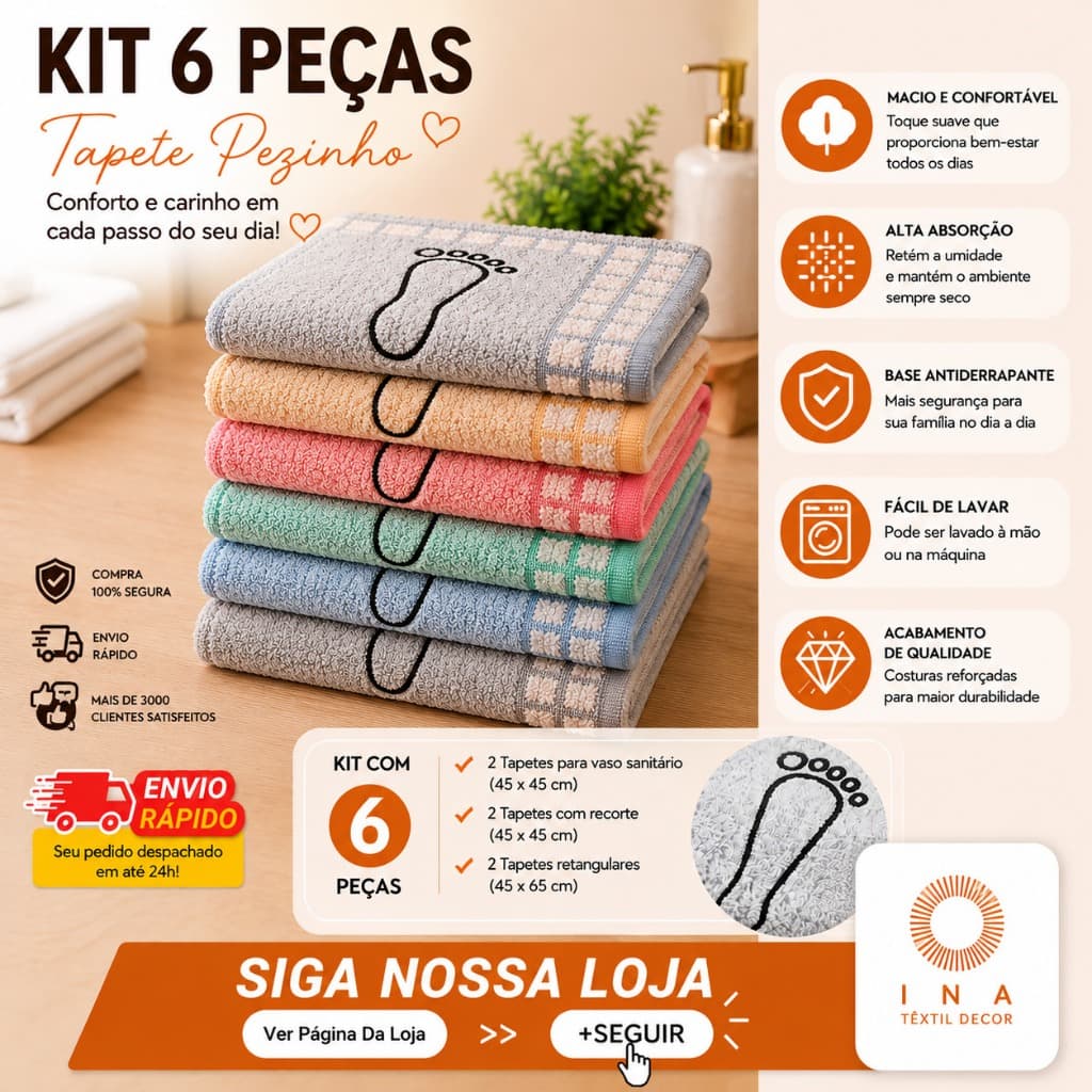 Kit Tapetes Banheiro Mali 6 Peças Algodão Antiderrapante