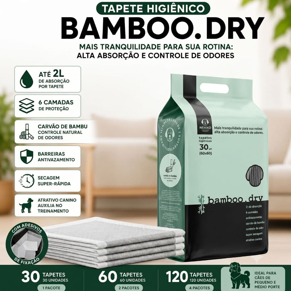 Tapete Higiênico Cachorro 60x60 Super Absorvente 2L Carvão Bambu 30 60 120 Unidades NEKKO Bamboo.Dry