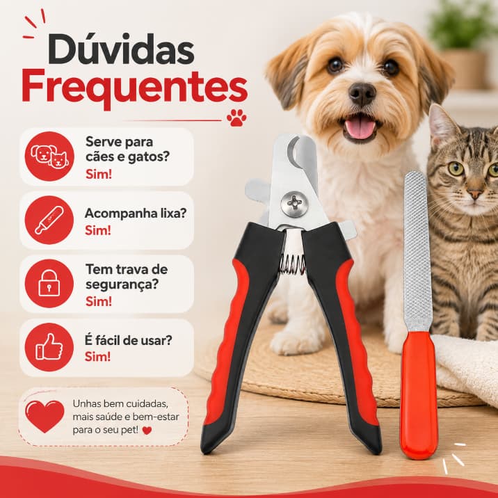 Kit Alicate Cortador de Unha Pet com Lixa Aço Inox Trava de Segurança Antiderrapante