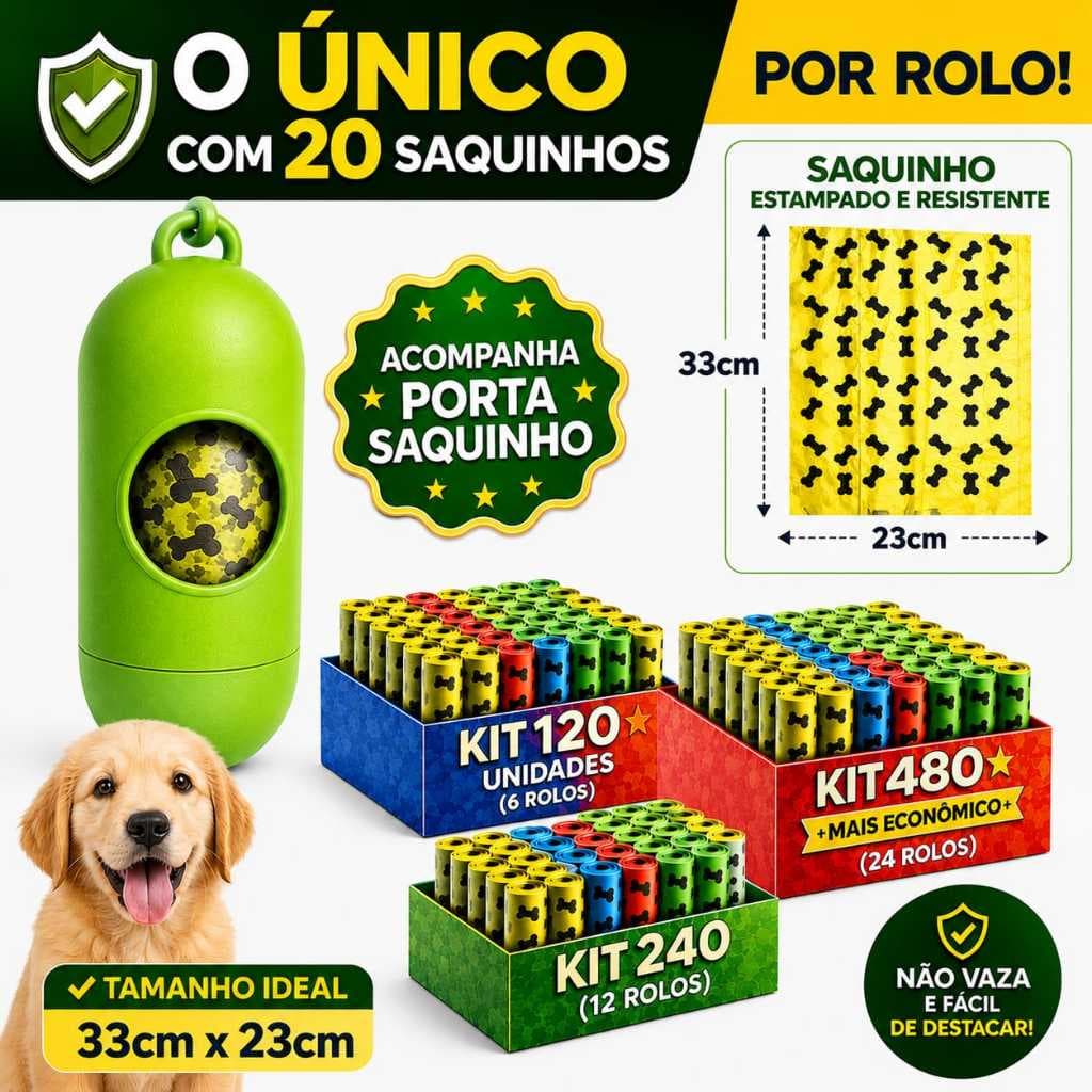 Kit 120/240/480 Unidades de Saquinhos Pet cata caca acompanha Porta Saquinho para passeios e viagens