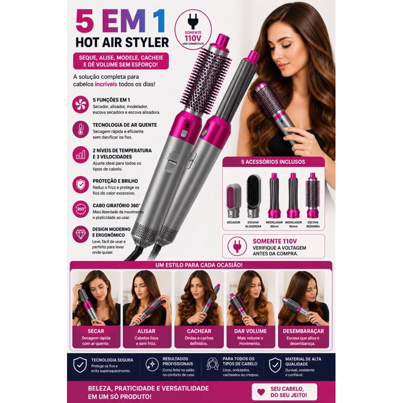 Escova 5 em 1 Secador, Pente, Modelador, Aumenta volume Profissional