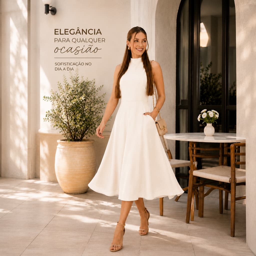 Vestido Feminino Midi Elegante Gola alta Ziper nas Costas Linho Misto