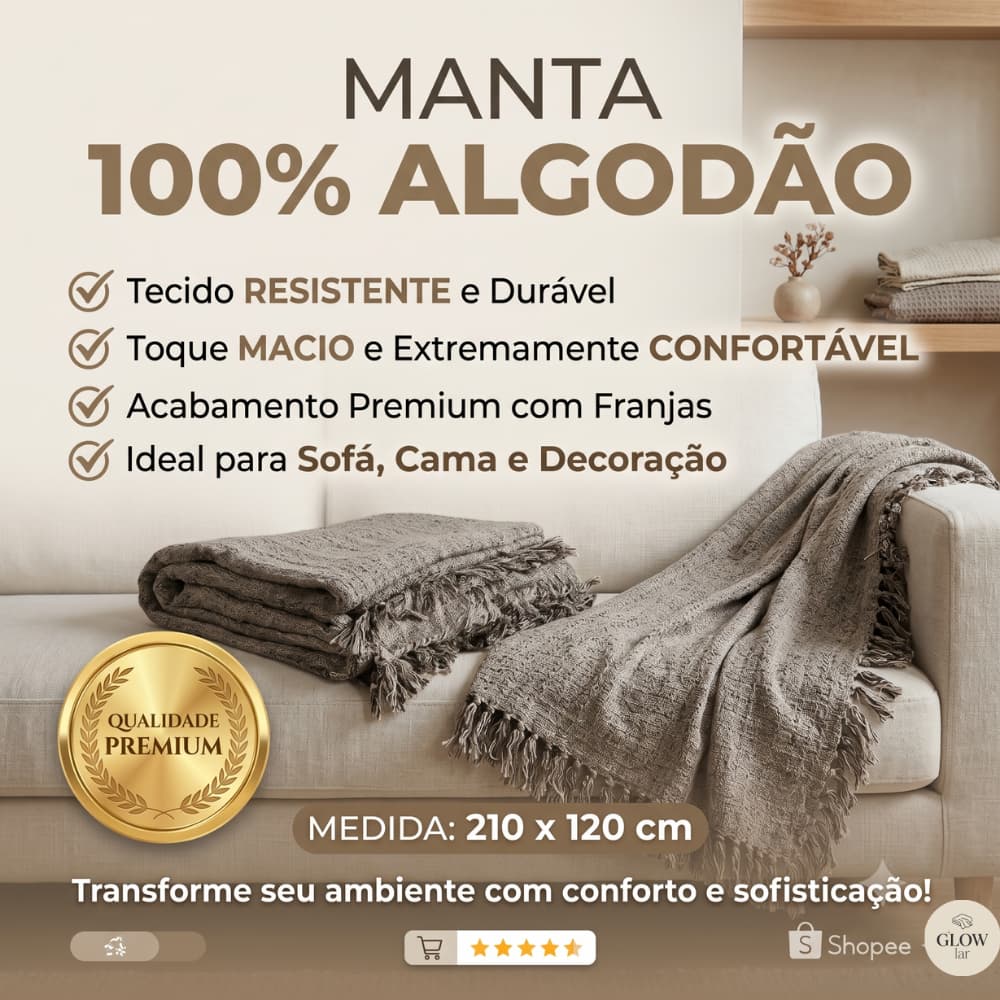 Manta Para Sofá Luxuosa Tipo Capa Protetora 100% Algodão Tamanho 210x120 Decorativa