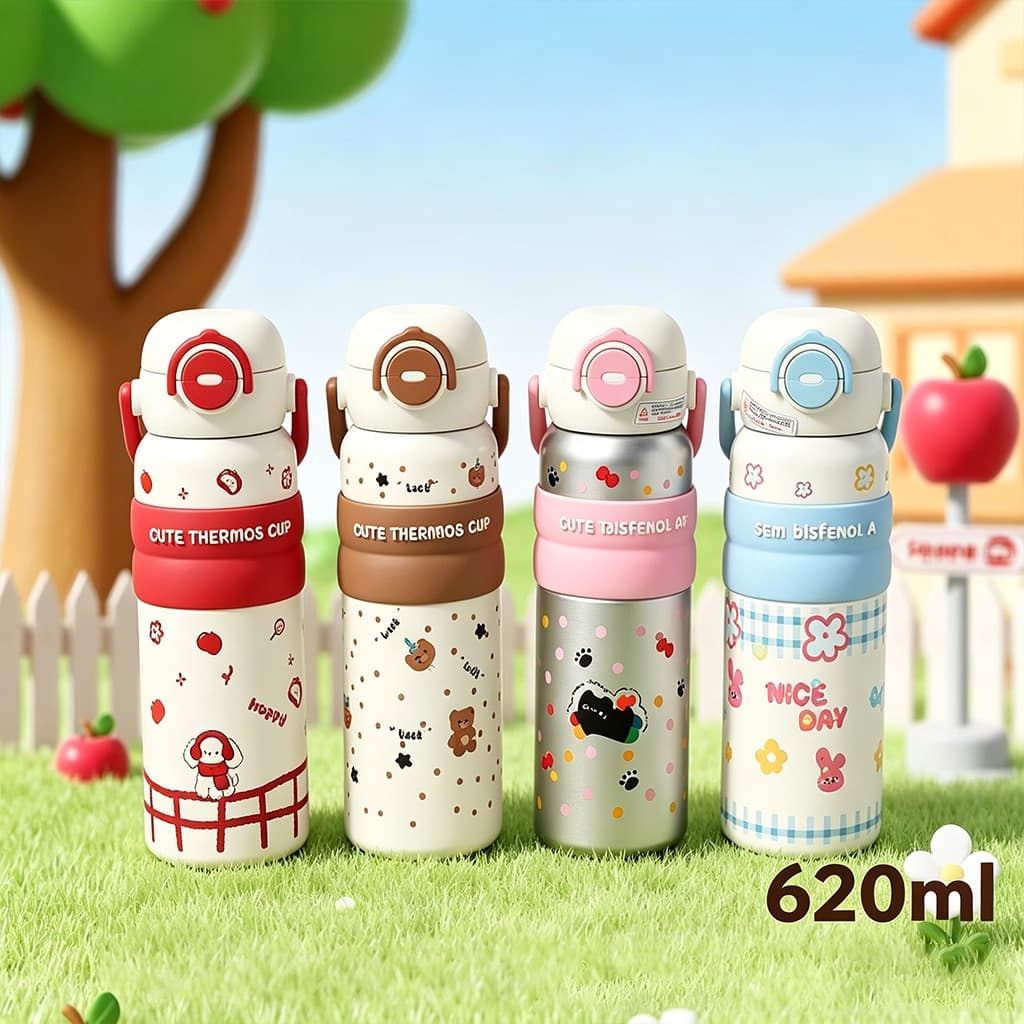 Garrafa Térmica Infantil Kawaii 620ml Aço Inox 316 Com Canudo e Bico 2 em 1 Antivazamento Com Alça