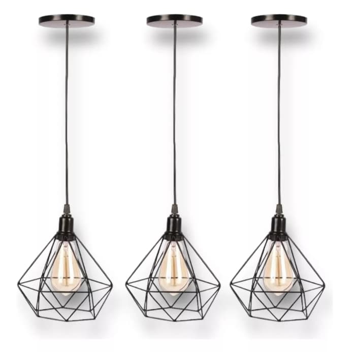 Kit 3 Pendentes De Teto Luminarias Diamante Aramado Preto Cabo Regulavél