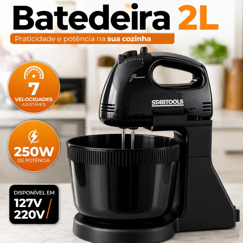 Batedeira Elétrica 250W 127V com Balde 2L 7 Velocidades Preta para Receitas deliciosas para familia