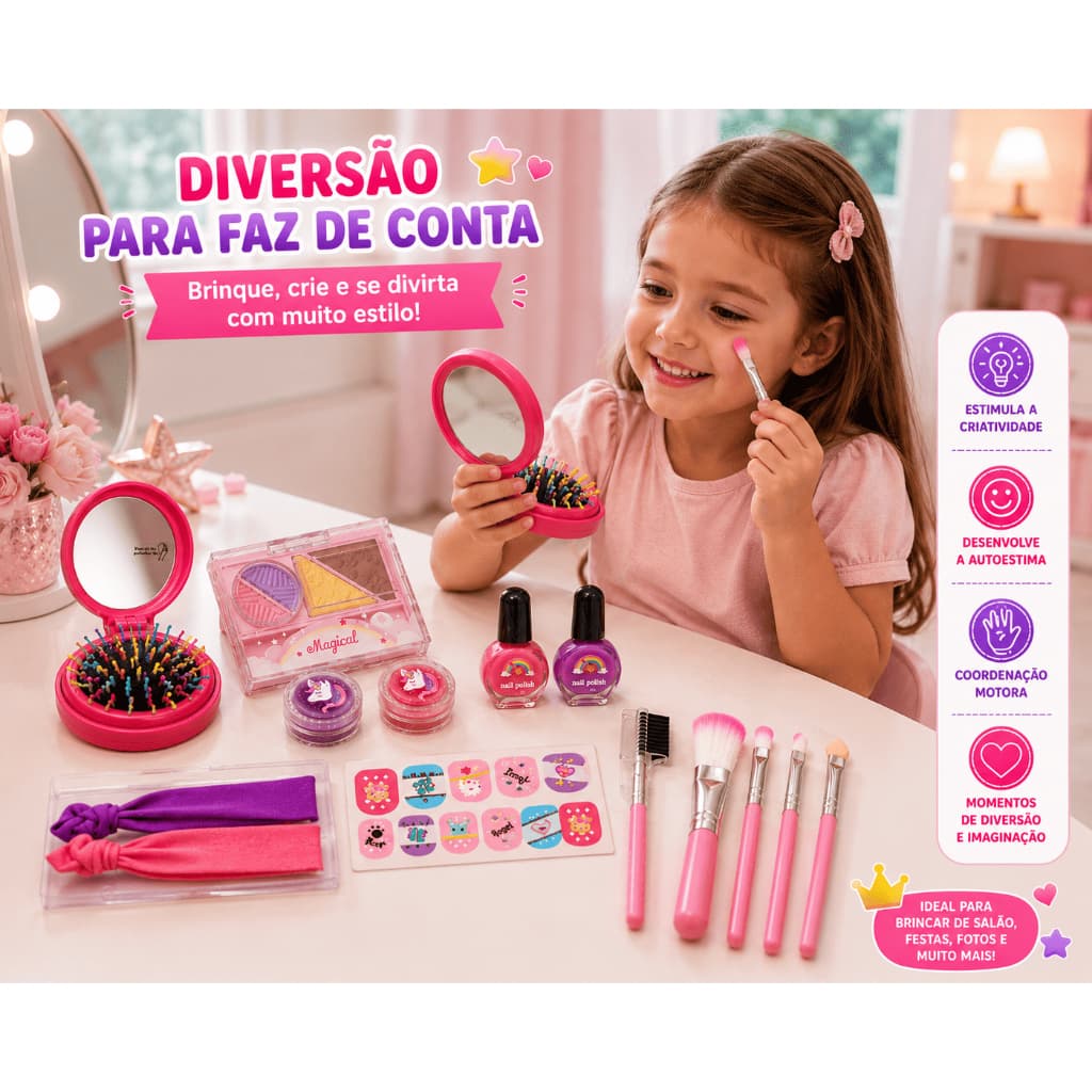 Kit Maquiagem E Cabelo Infantil Com Espelho Escova Dobrável Pincéis E Acessórios