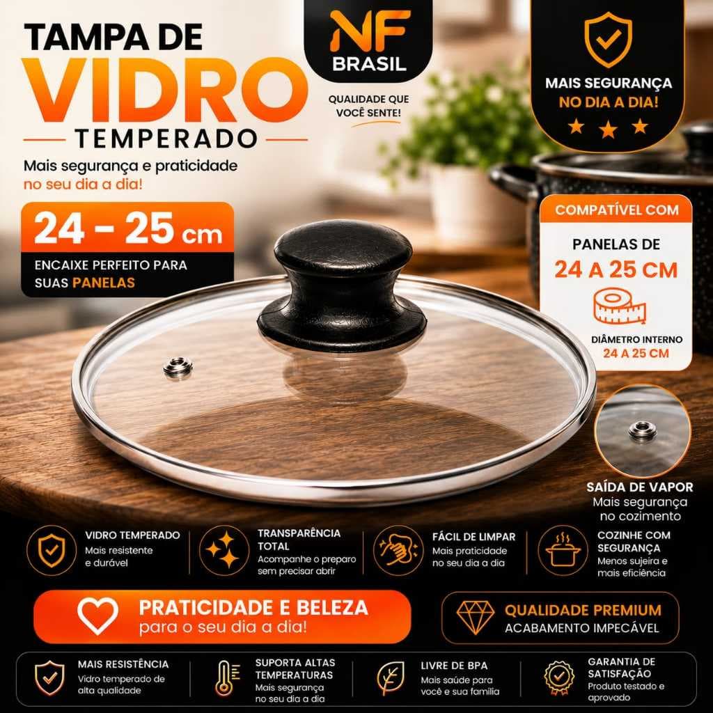 Tampa de Vidro Temperado 24 cm Avulsa Para Caçarola