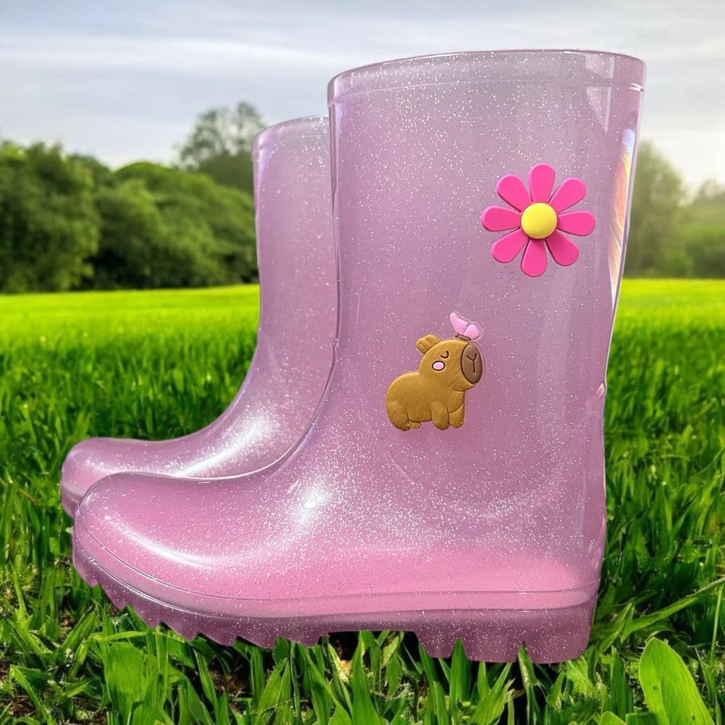 Galocha Infantil Feminina Cano Alto Tratorada Confortável Personalizada com Flor Capivara ou Raposa Moderna Resistente