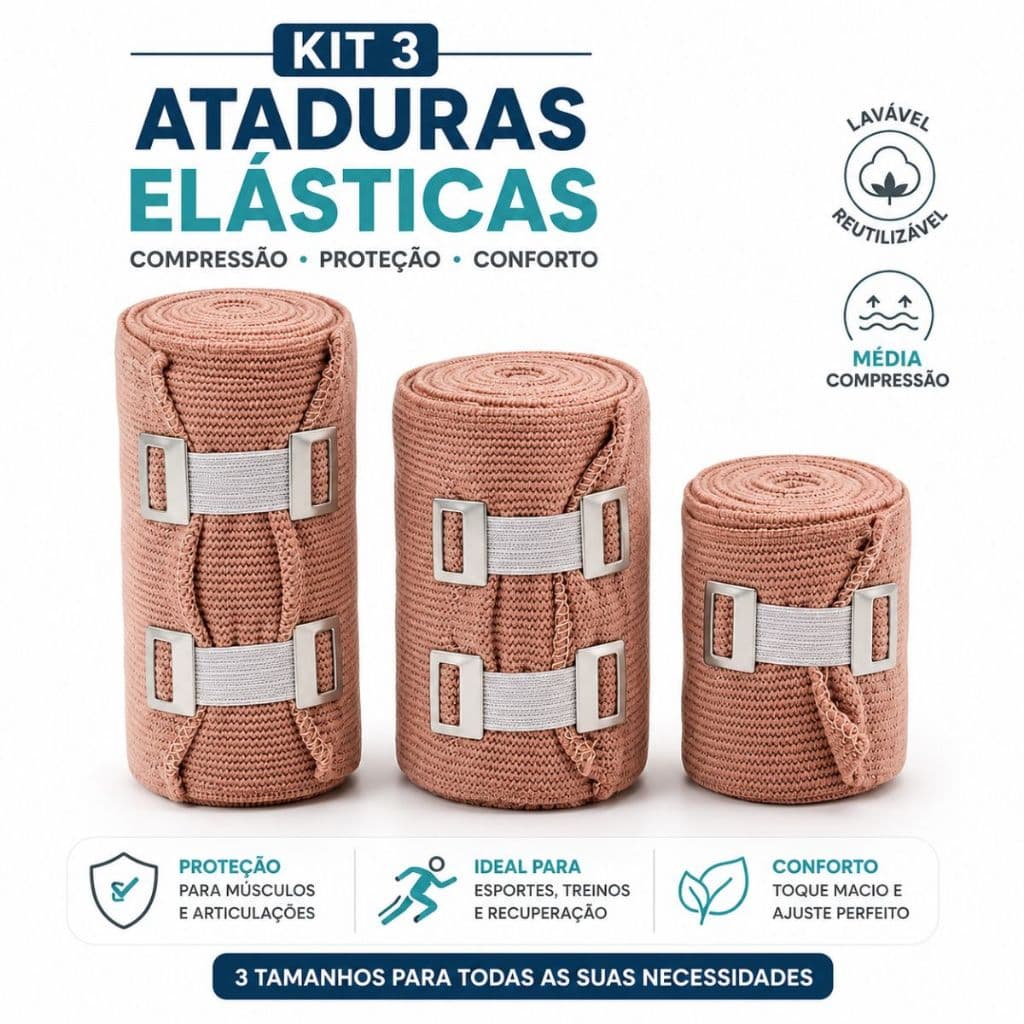 Kit 3 Bandagem Elástica Atadura Lavável Proteção Compressão Reutilizável Esportiva