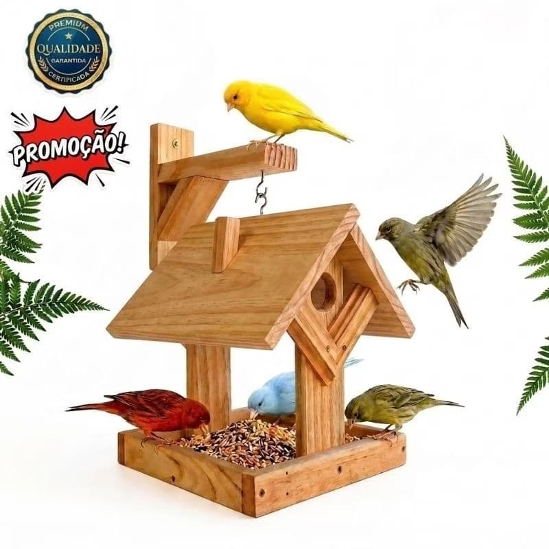 Casinha de Passarinho com mão francesa Comedouro em Madeira Pinus, Casa para Pássaros/ Aves, Canário, Periquito e pardal