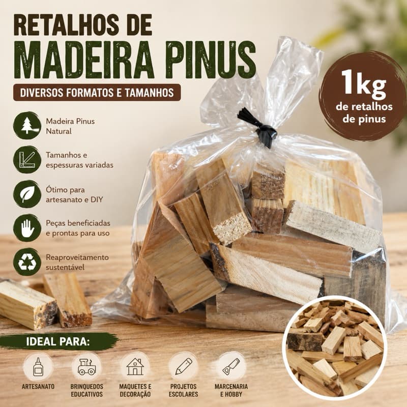 1kg Retalhos Madeira Pinus Artesanato Marcenaria Vários Tamanhos Madeira Natural