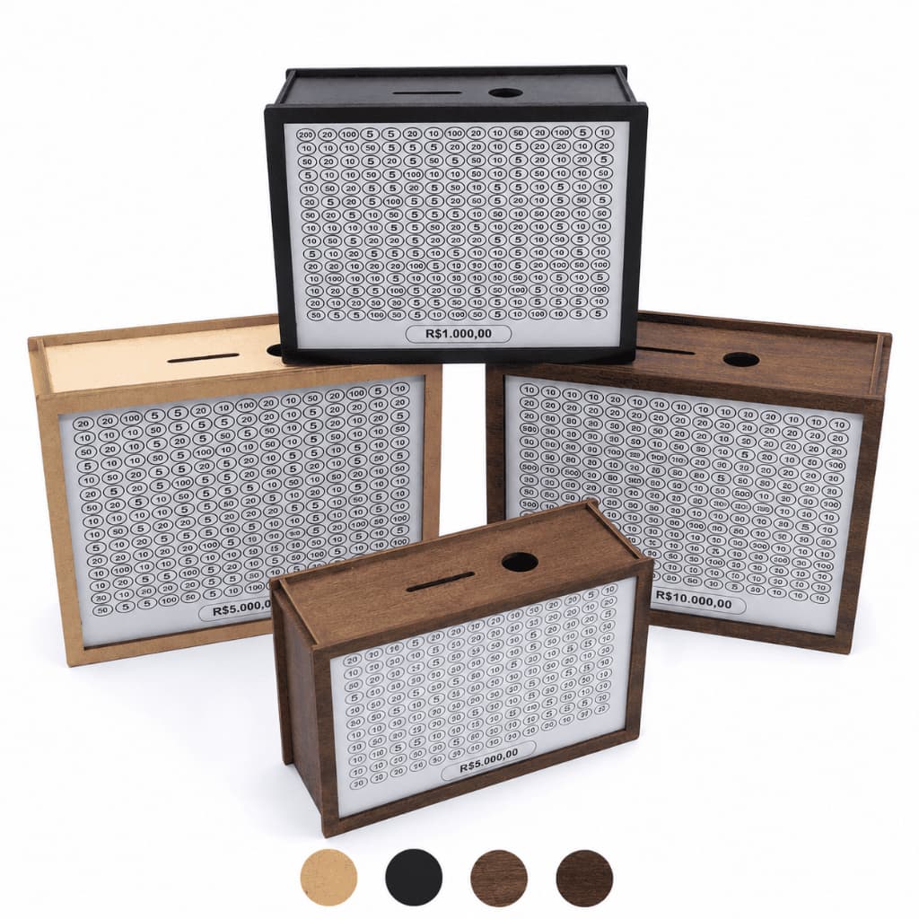 Cofre Desafio de Economia em MDF com 3 Metas R 1.000, 5.000 e 10.000 Porta Moedas Presente Criativo