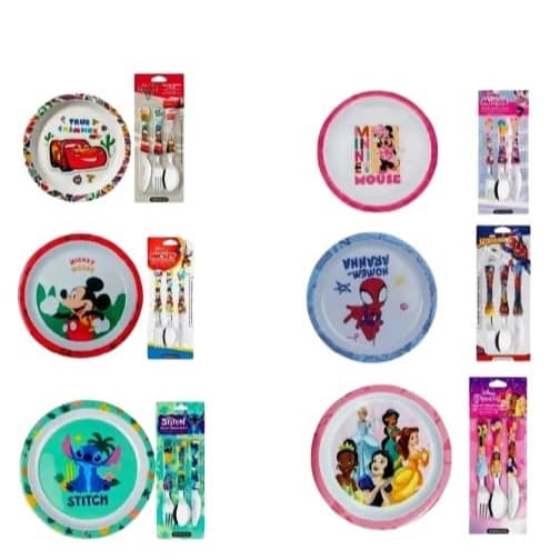 Kit Infantil Personagens 2 Peças Prato Fundo e Talheres