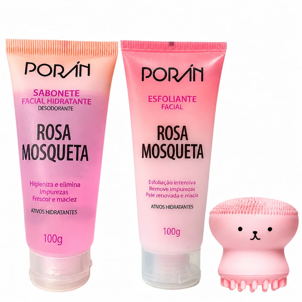 Kit Sabonete e Esfoliante Facial Porán Rosa Mosqueta + Esponja Skincare Polvo + Máscara Labial Hidra