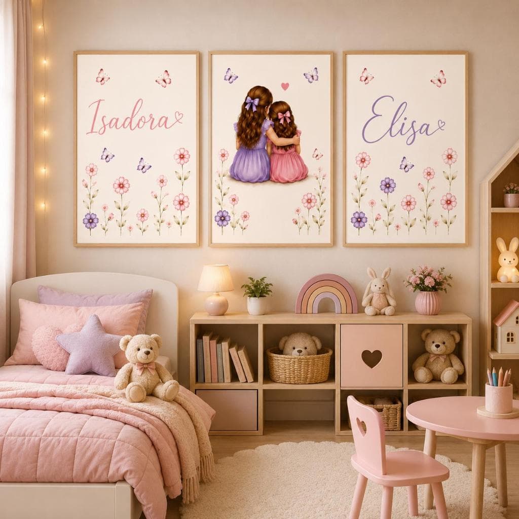 Quadro Decorativo Quarto 3 peças Irmãs Infantil Lilas e Rosa Flores e Borboletas