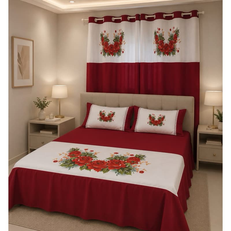 Colcha Casal Floral 3 Peças + Cortina Oxford | Colcha Decorativa Cama Casal com 2 Porta Travesseiros