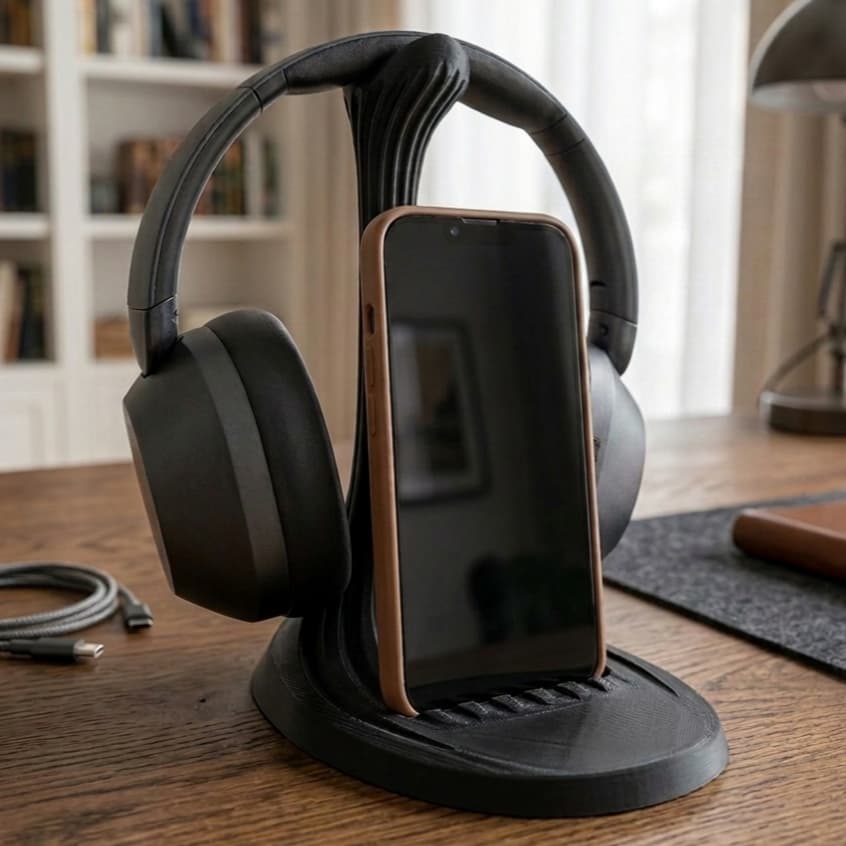 Suporte para Fone de Ouvido e Celular 2 em 1 – Organizador de Mesa