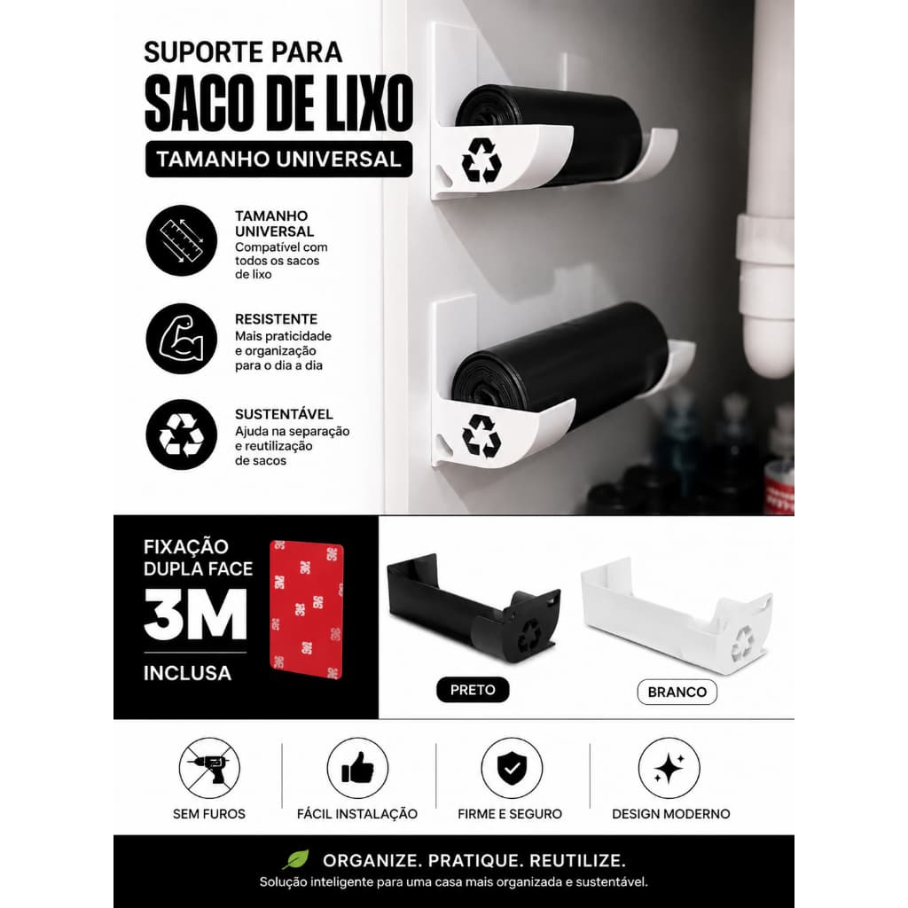Suporte Para Saco de Lixo Universal Organizador Adesivo 3M Sem Furar Cozinha Lavanderia Armário