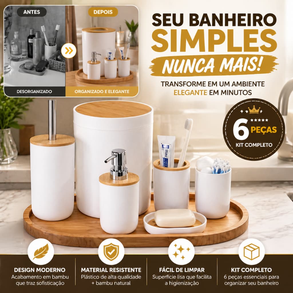 Conjunto Banheiro Bambu BRANCO 6 Peças Kit Completo Porta Sabonete Escova Sanitária