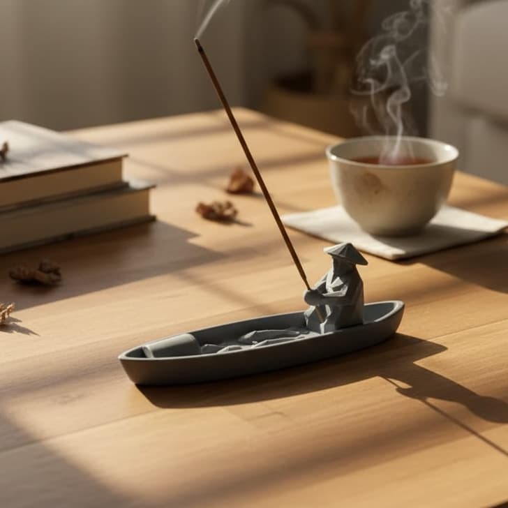 Incensário Pescador Na Canoa Porta Incenso Decoração Minimalista Zen Bege Cinza