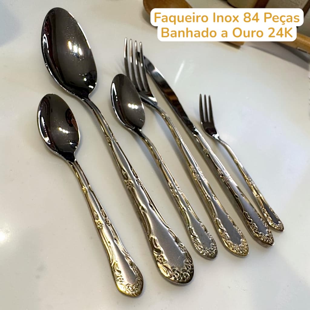 Faqueiro Inox 84 Peças Banhando A Ouro 24k Kit Luxo Inox Maleta Promoção