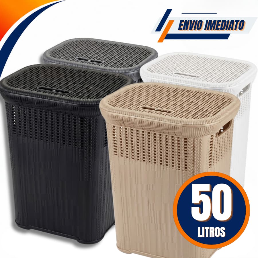 Cesto de Roupa Telado Rattan 50 Litros Com Tampa Premium