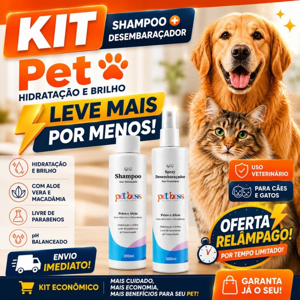 Kit Shampoo Pet + Desembaraçador 300ml Para Cães E Gatos Hidratação Brilho E Maciez