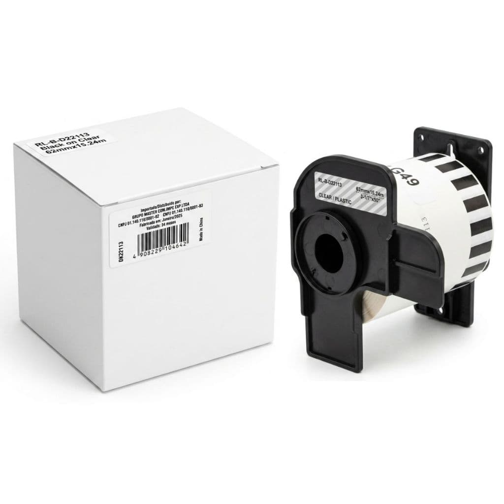 Rolo Etiqueta Térmica Compatível DK22113 62mmx15,24m Preto No Transparente Masterprint QL650TD QL700 QL710W QL720NW