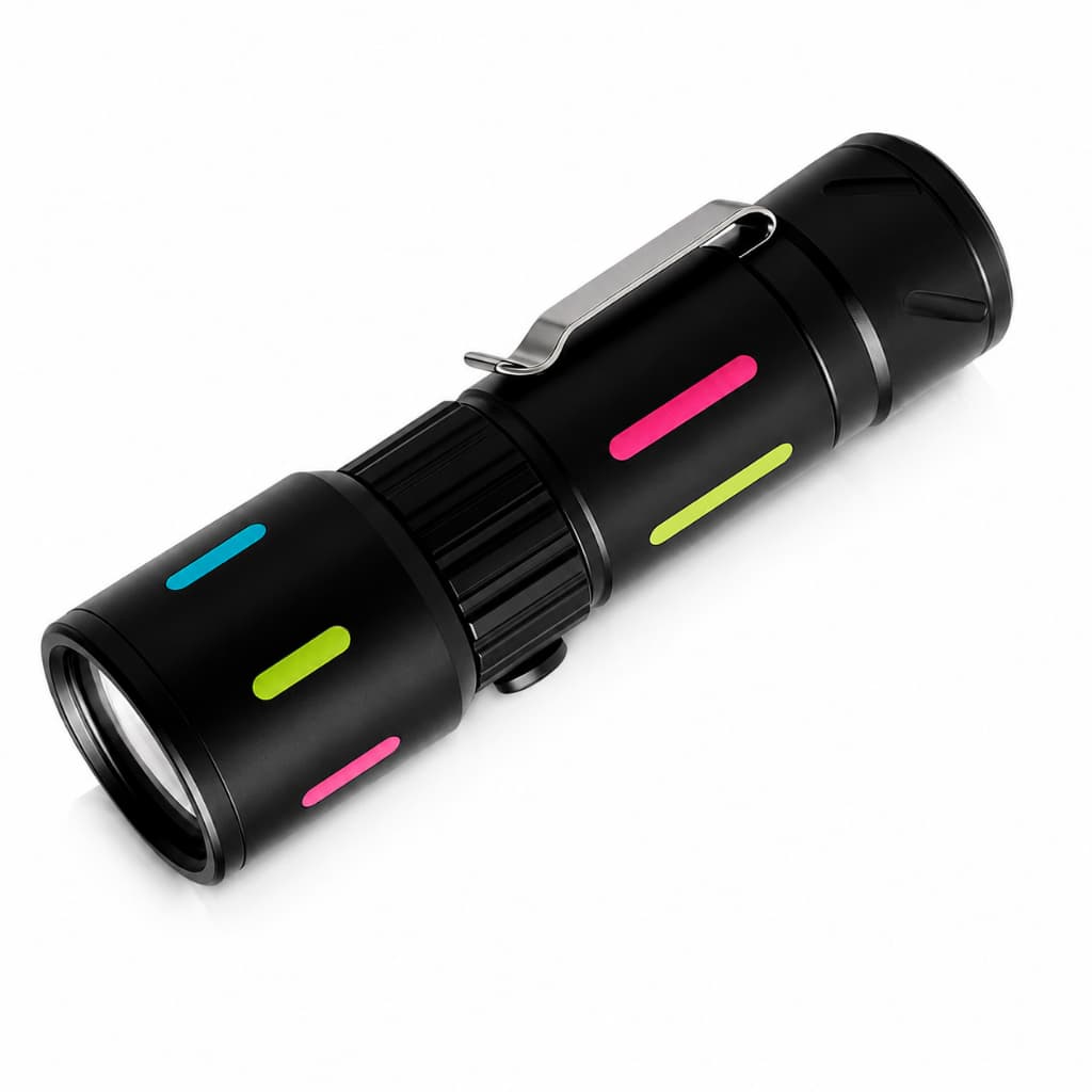 Mini Lanterna Tática LED Recarregável USB-C Com Zoom Ajustável e Laser Branco