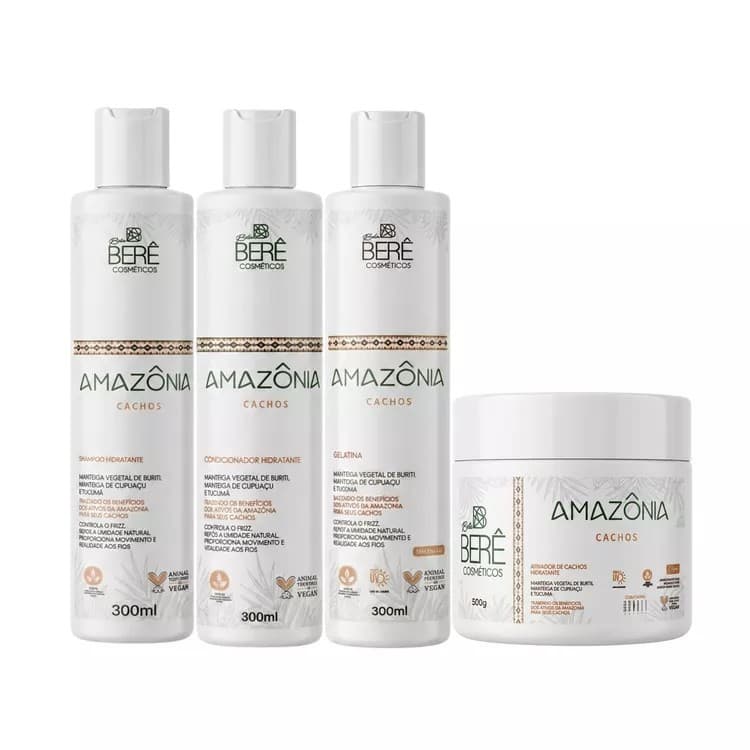 Kit Cachos Amazônia Bela Berê 300ml | Shampoo Condicionador Gelatina e Ativador de Cachos