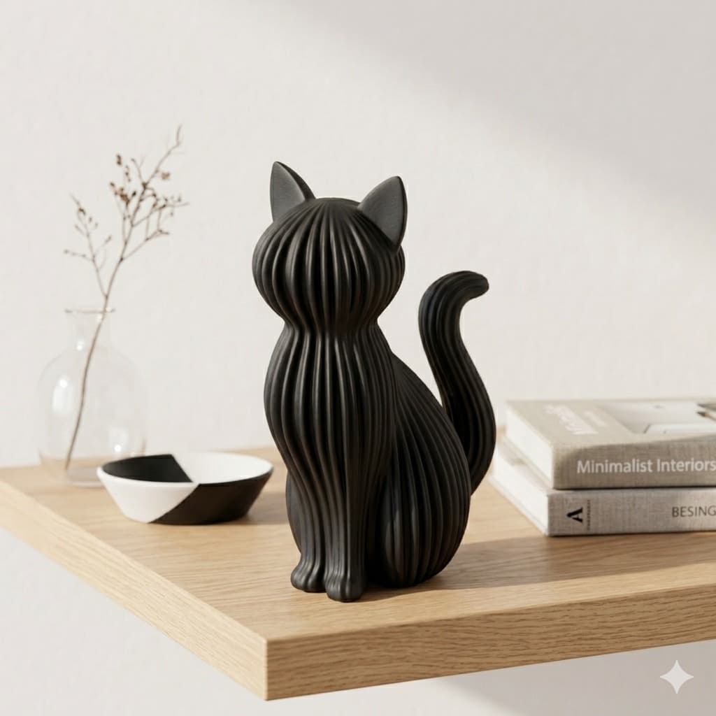 Escultura Gato Japandi Decorativo Estátua Canelada Minimalista Sala Quarto Centro de Mesa